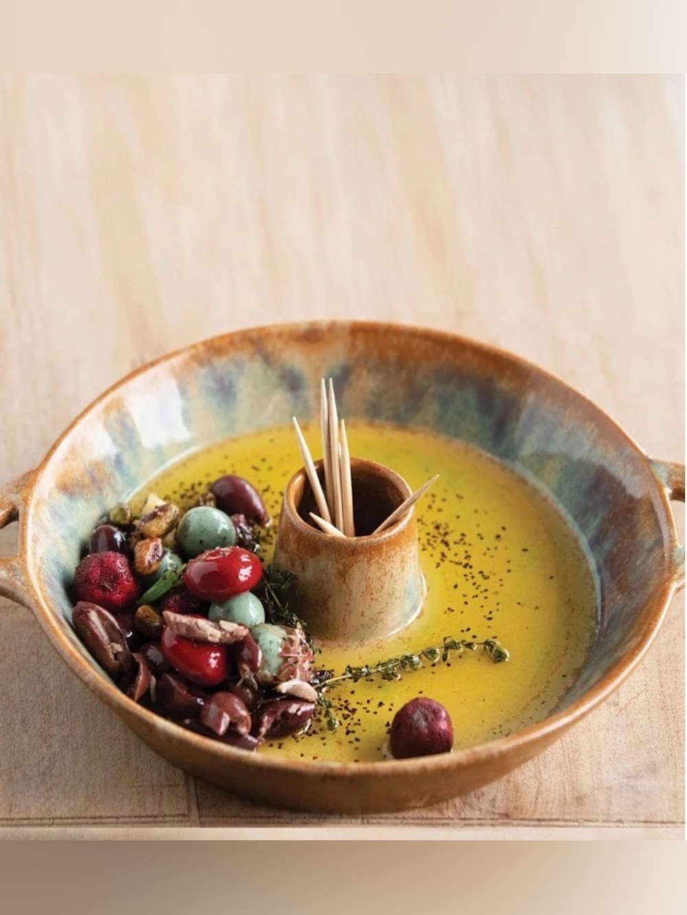 Creative Co-Op Stoneware Dish with Toothpick Holder